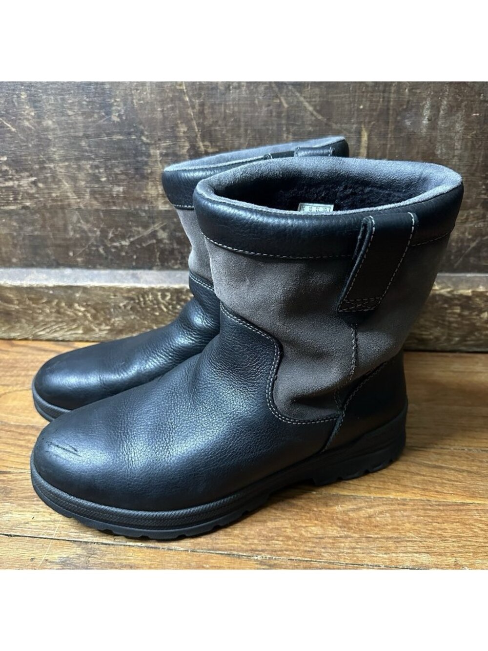 Clark’s Men’s Boots 10 Winter Work Moto Black Leather Gray Suede Wool/Poly Lined